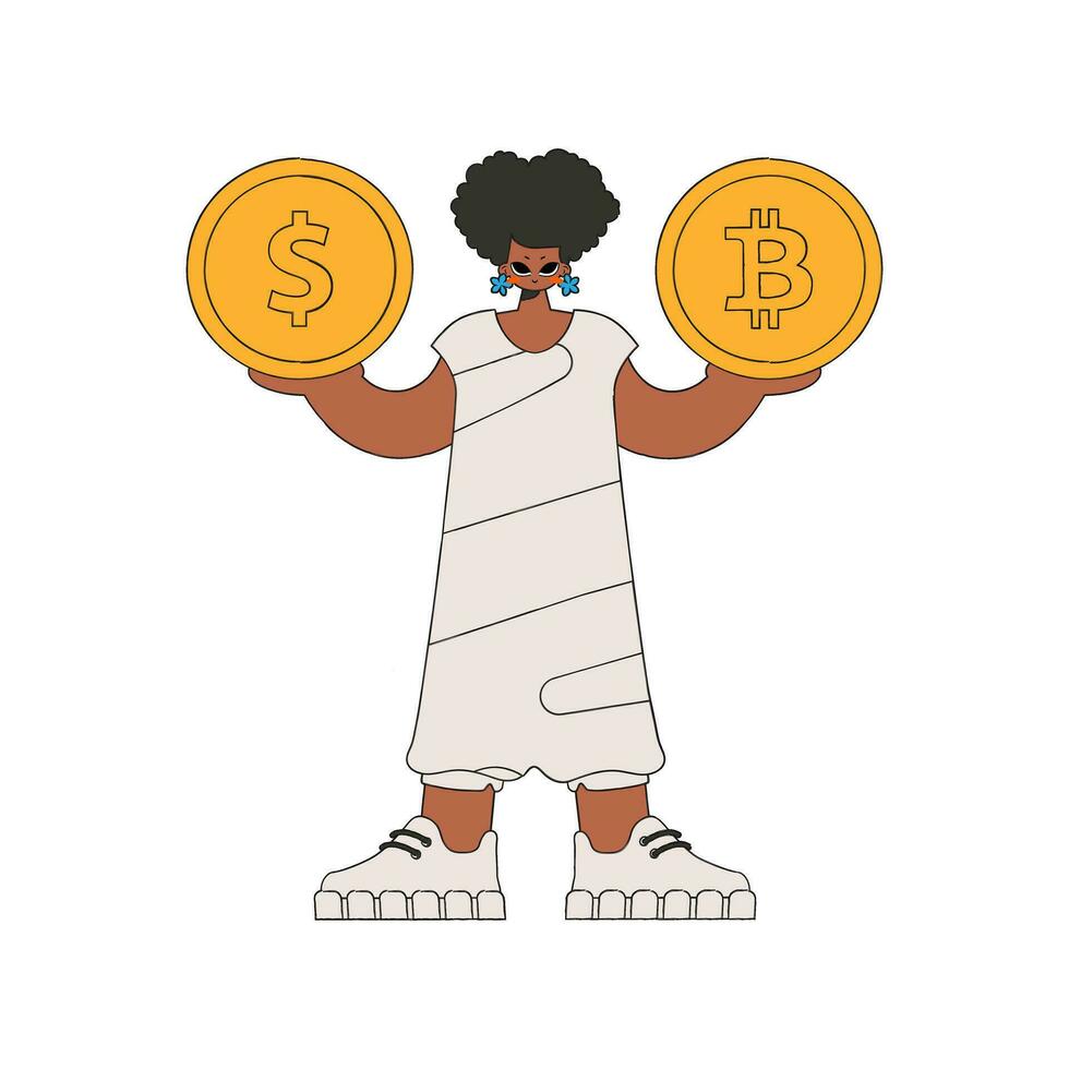 Woman holding dollar and bitcoin. Rentro style character. vector