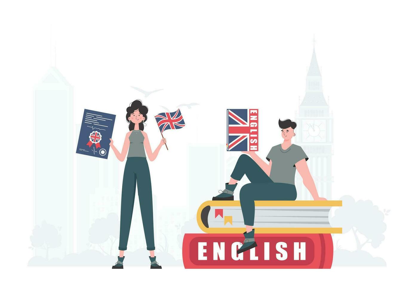 The concept of learning English. Woman and man English teachers. Trendy flat style. Illustration in vector. vector