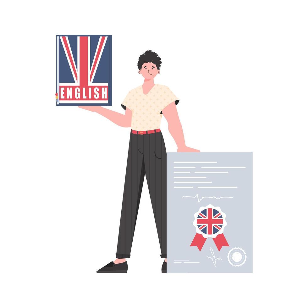 A man holds an English dictionary and a certificate in his hands. The concept of learning English. Isolated. Trendy flat style. Vector illustration.