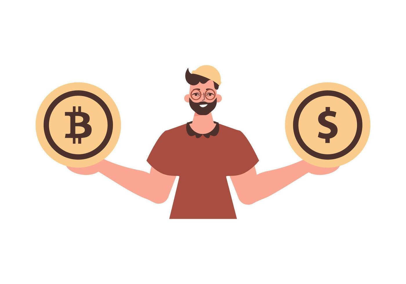 The guy holds a bitcoin and a dollar in his hands. Character in trendy style. vector