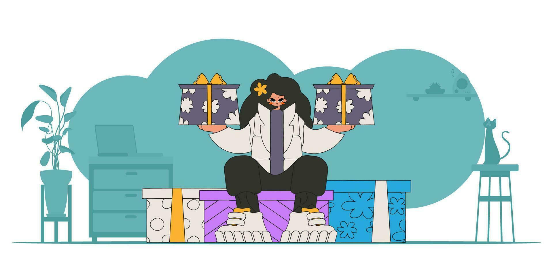 Style 80s and 90s. The girl is holding two gifts in her hands. A woman sits on gift boxes. Holiday surprise concept. vector