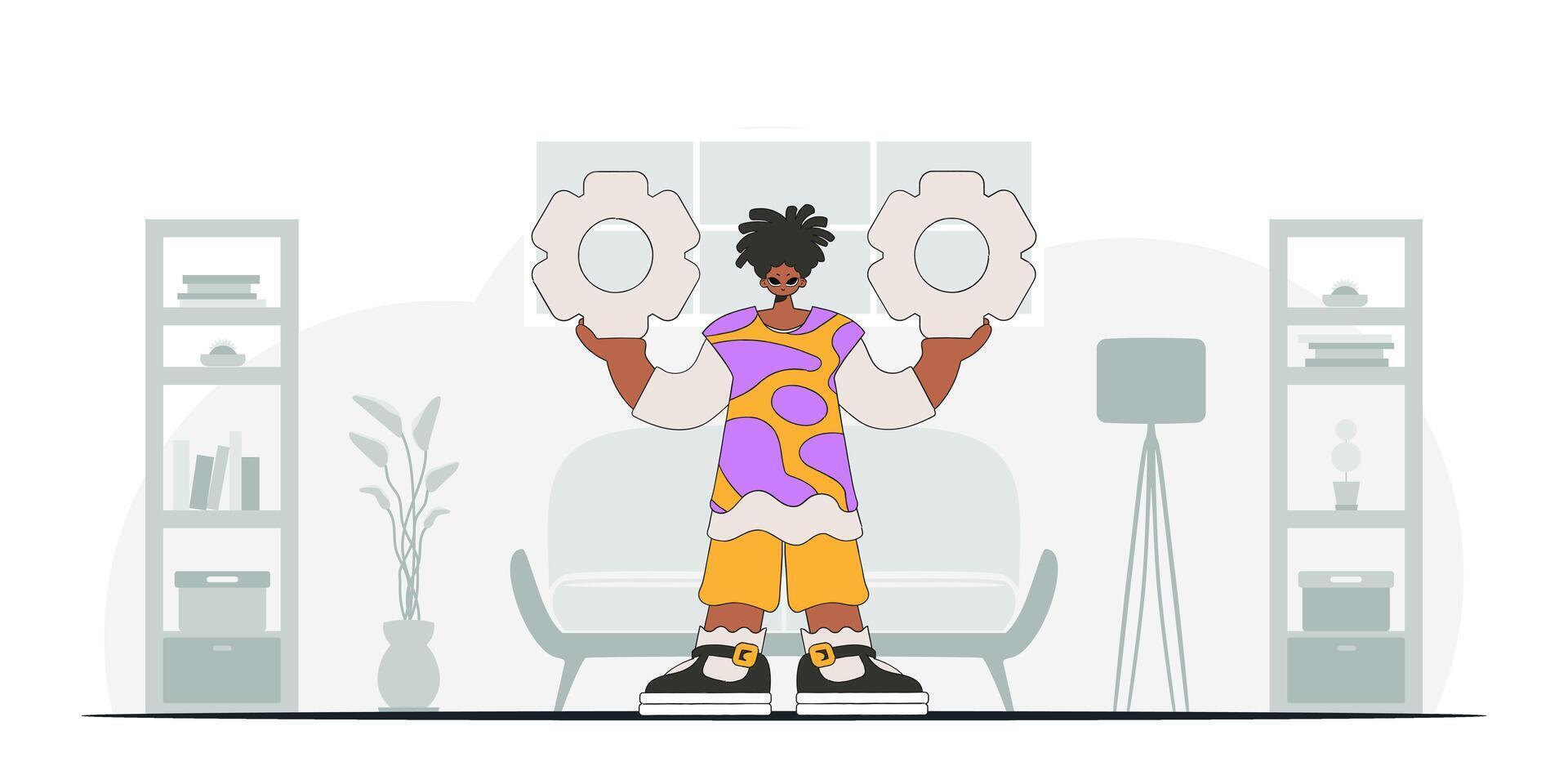 Stylish guy holds gears in his hands. Idea theme. Retro trendy style. vector