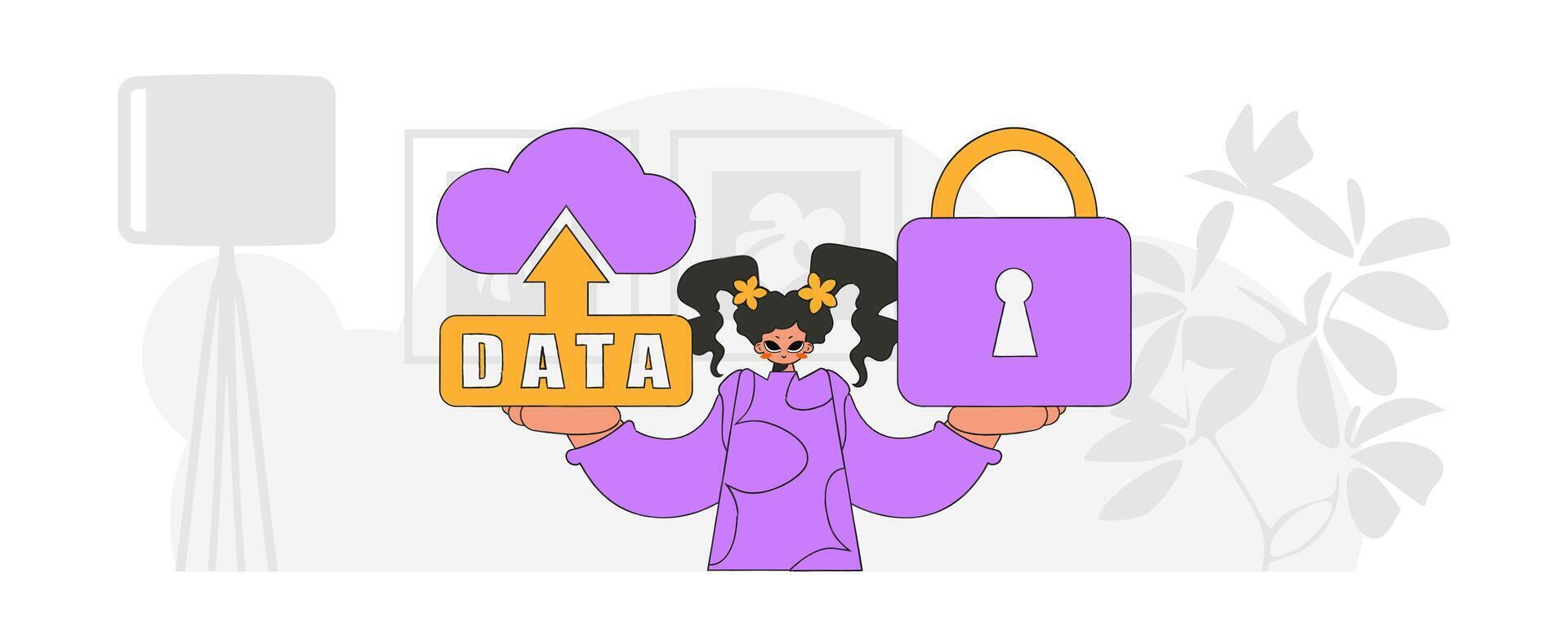 Girl with cloud storage icon and padlock, modern character style. vector