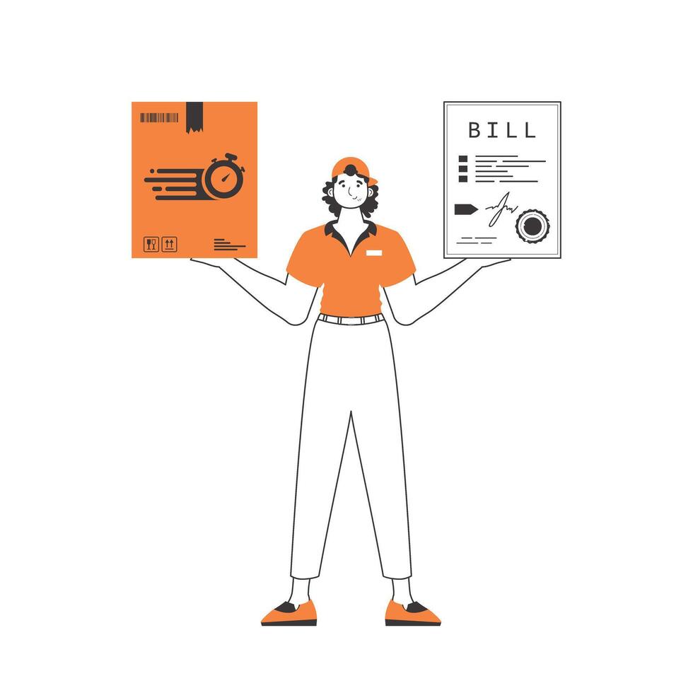 A man holds a parcel and a check in his hands. The concept of the delivery of goods and parcels. Linear trendy style. Isolated on white background. Vector illustration.