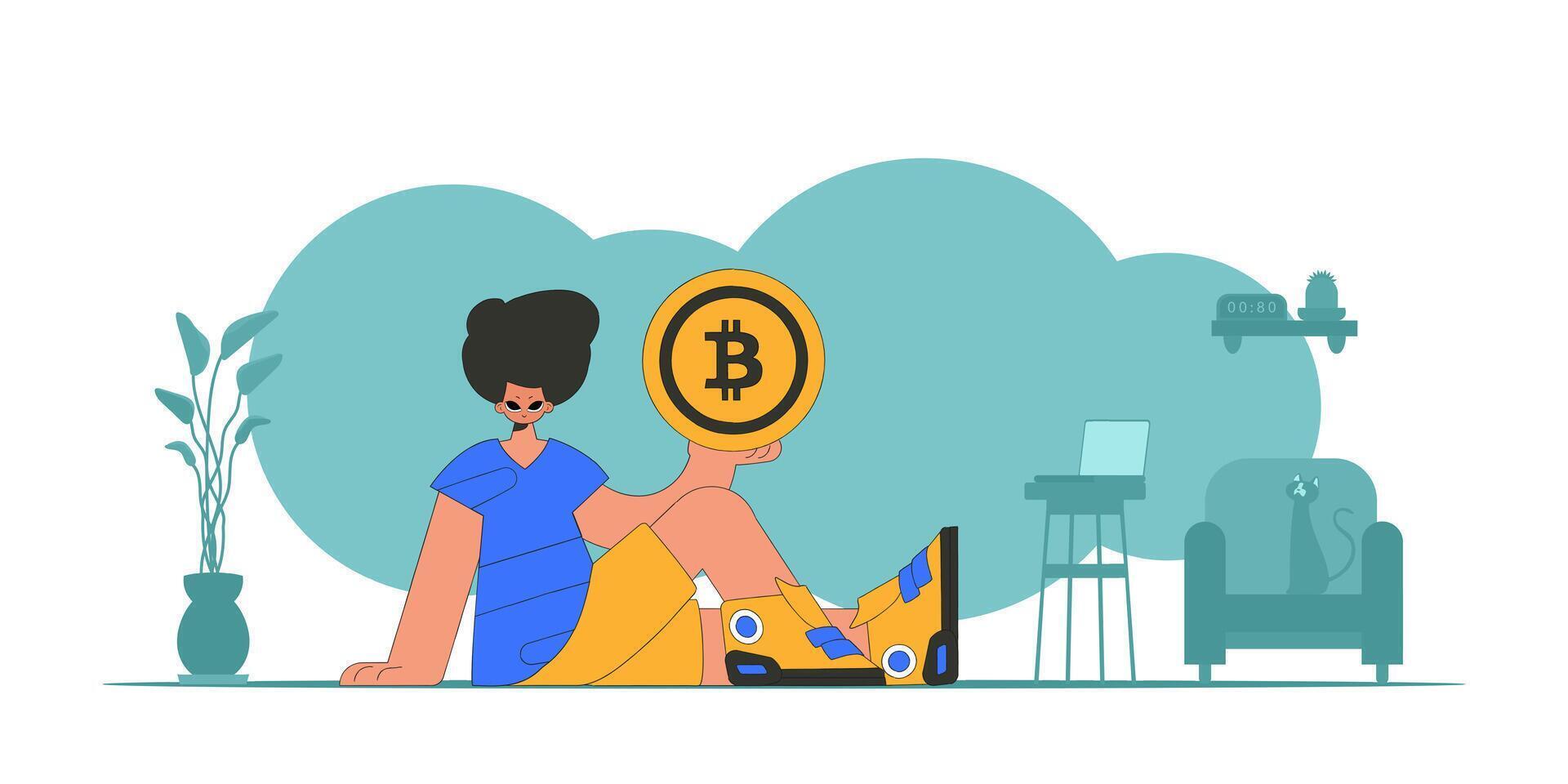 The guy is holding a bitcoin coin. Cryptocurrency and fiat exchange concept. vector