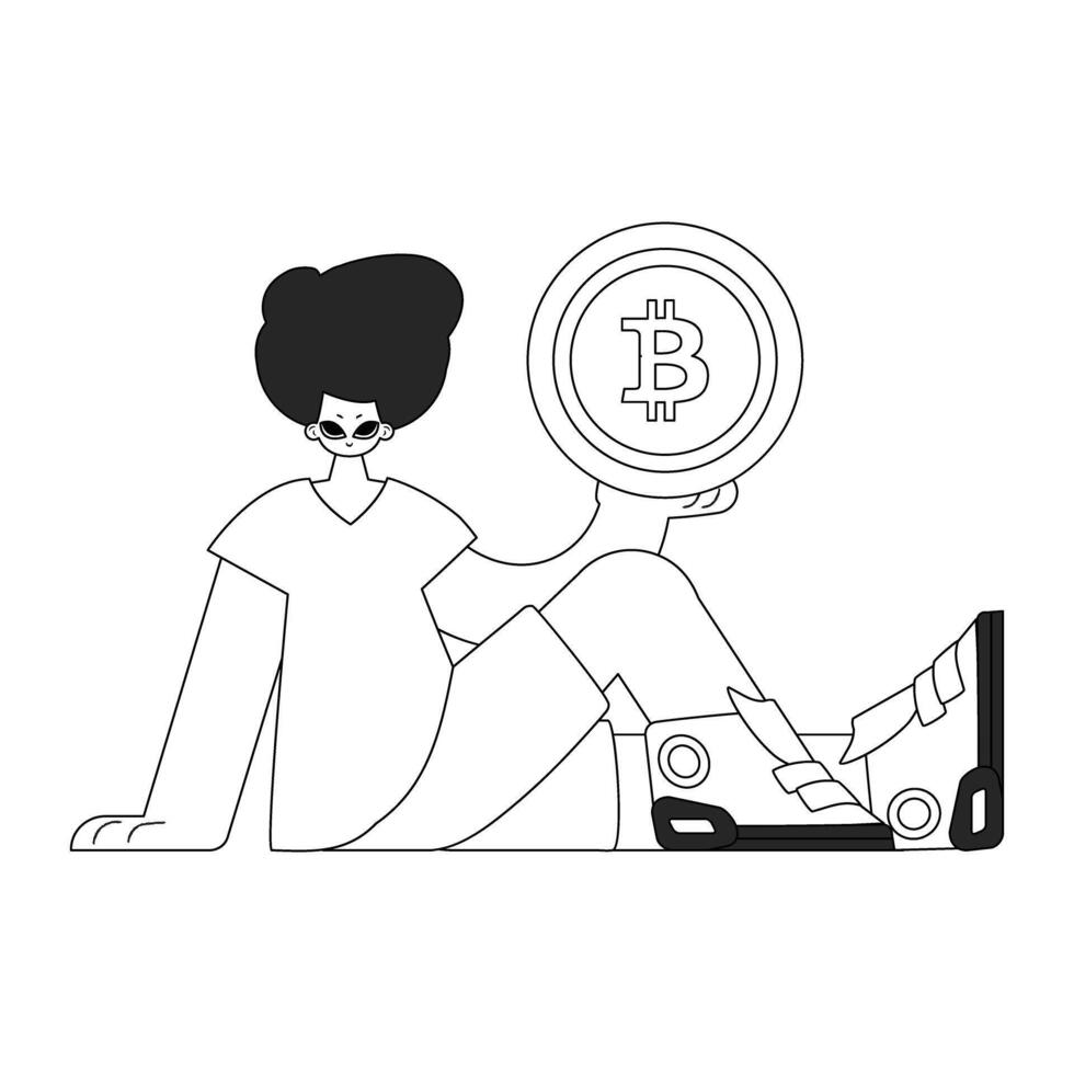 A unique man is holding a bitcoin coin. Newspaper black and white style. vector