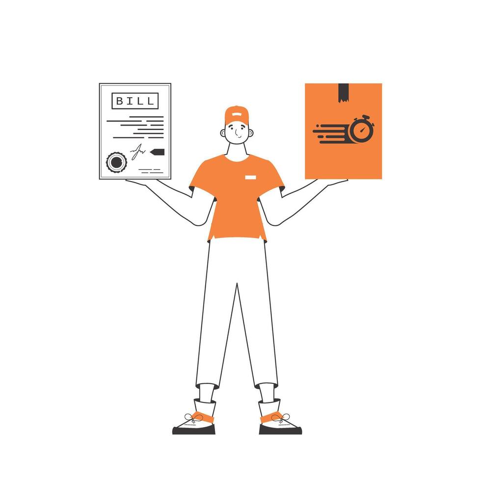 A man holds a parcel and a check in his hands. Parcel delivery concept. Linear style. Isolated on white background. illustration. vector