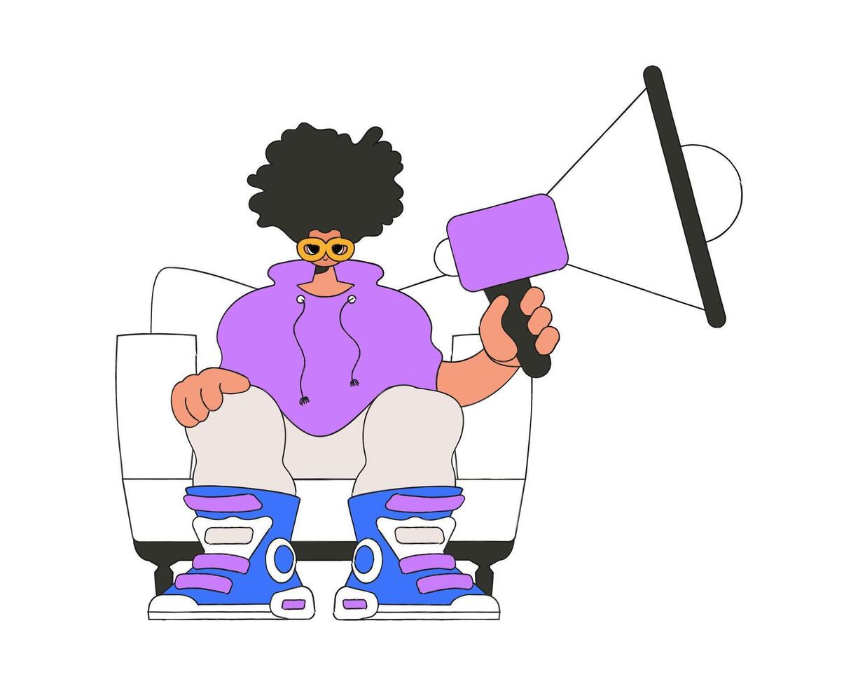 A young man sits in a chair and holds a megaphone in his hand. Suitable for use in communications or protest thematic projects. vector