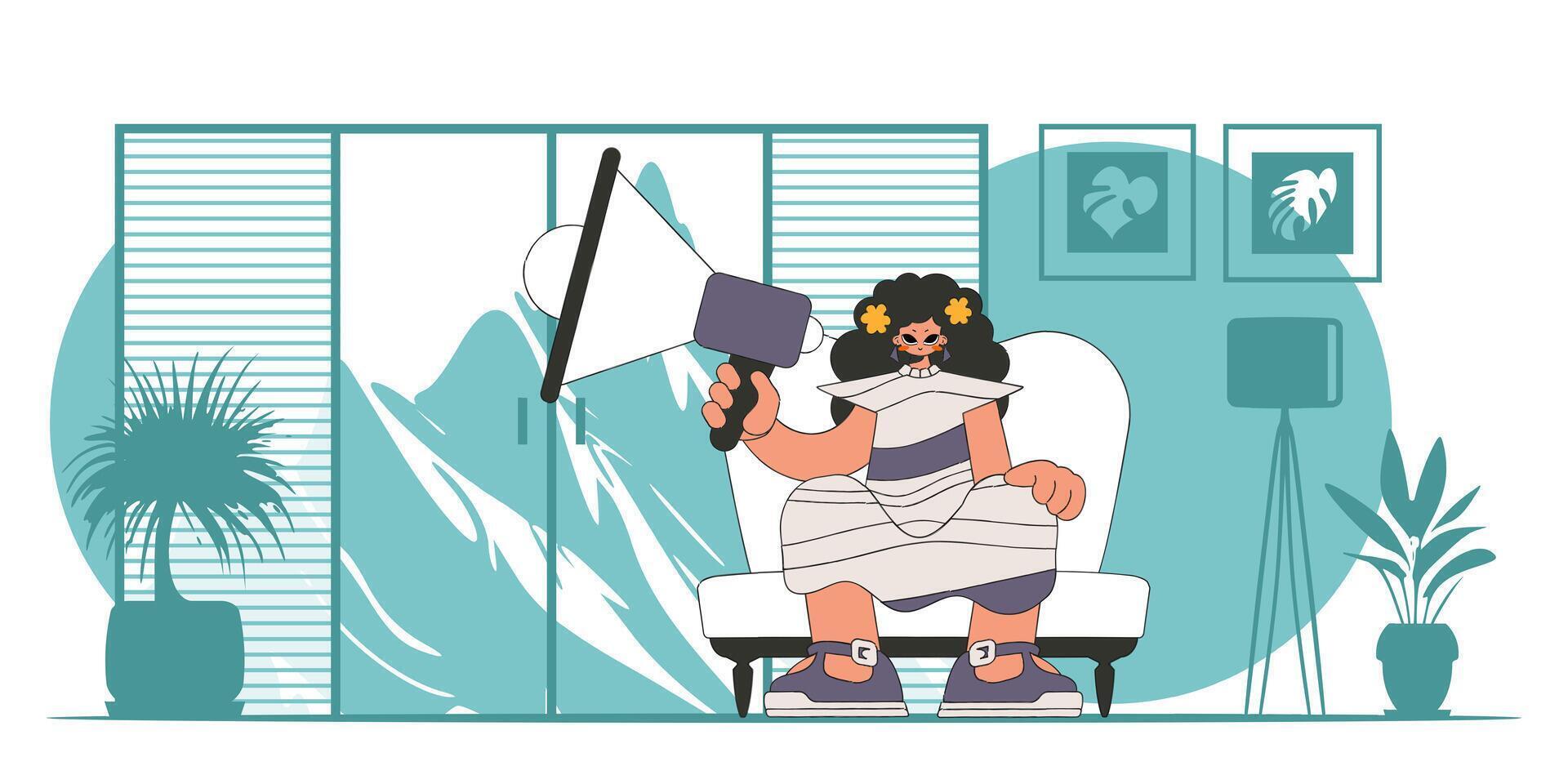 Stylized illustration of a HR representative. A young girl sits in a chair and holds a megaphone in his hand. vector