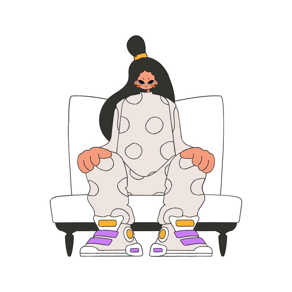 The woman is sitting in a chair. Character Trendy retro style. vector