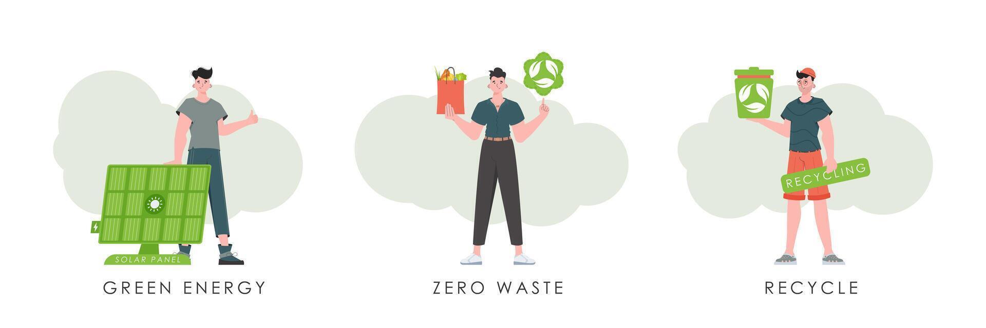Set of men characters on the theme of ecology. Flat style. Veil illustration. vector