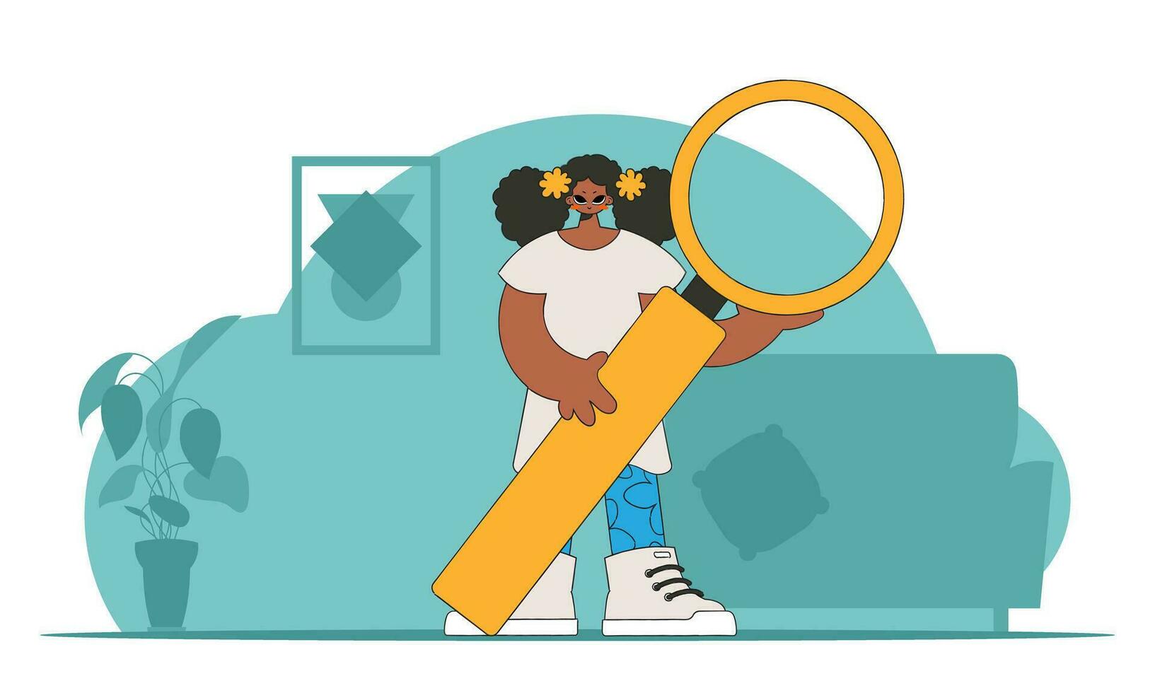 Concept Finding the necessary information on the Internet. A man holds a magnifying glass in his hands. Retro style character. vector