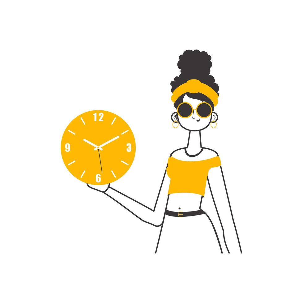 The girl is holding a watch in her hands. Time management concept. Lineart trendy style. Isolated. Vector illustration.