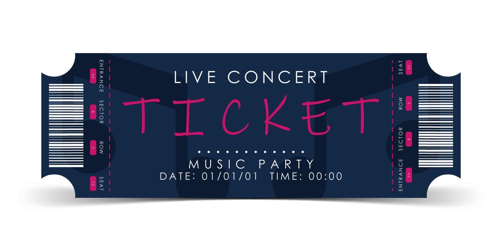 Sample ticket for entry to a musical concert. Modern ticket card illustration template. . vector