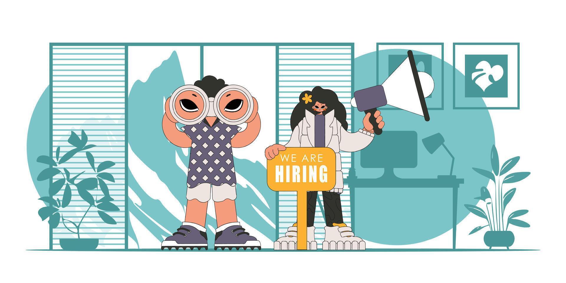 The girl and the guy are specialists Attracting and searching for personnel. vector