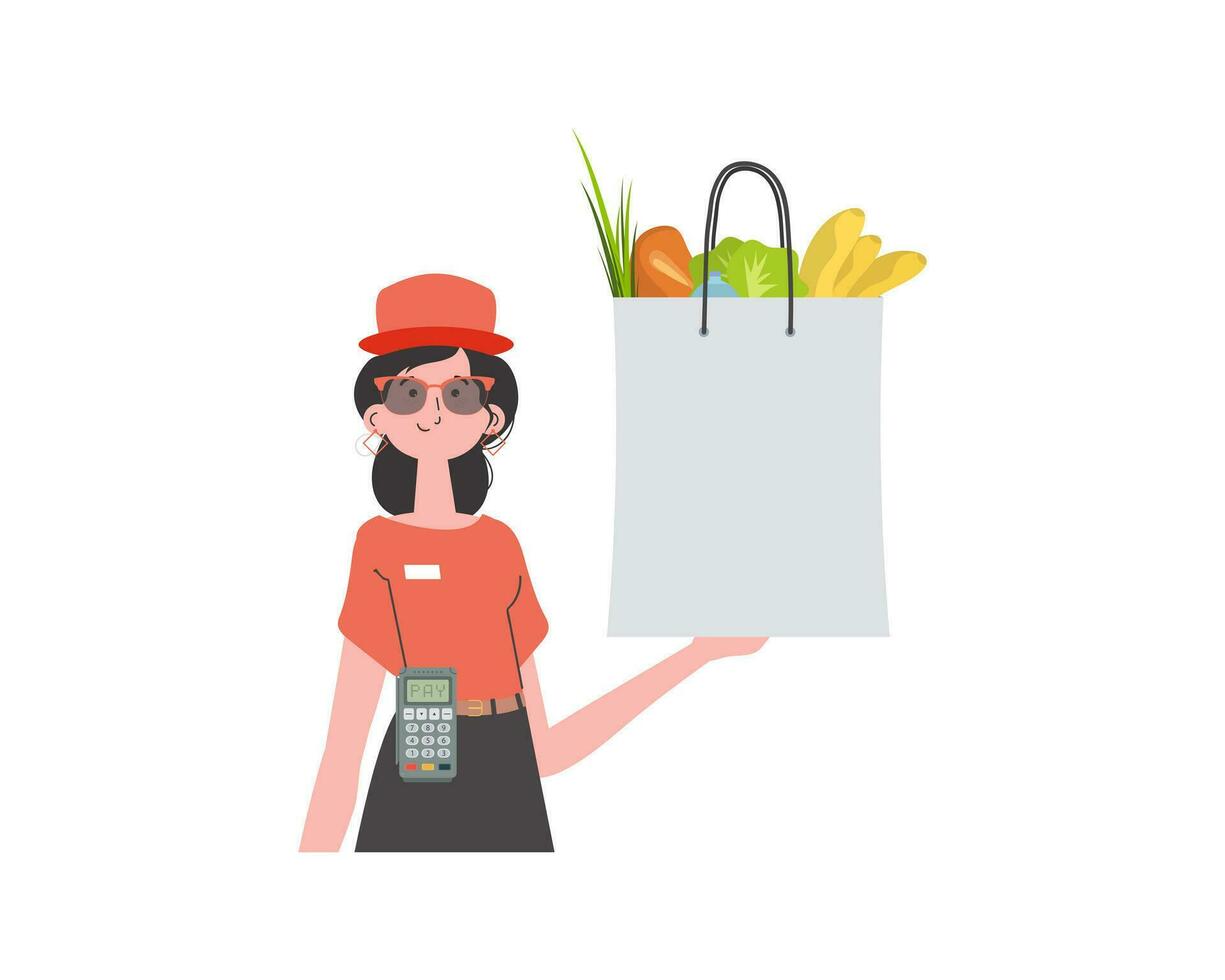 un mujer entrega un paquete de productos hogar productos comida entrega. aislado. de moda plano estilo. vector. vector