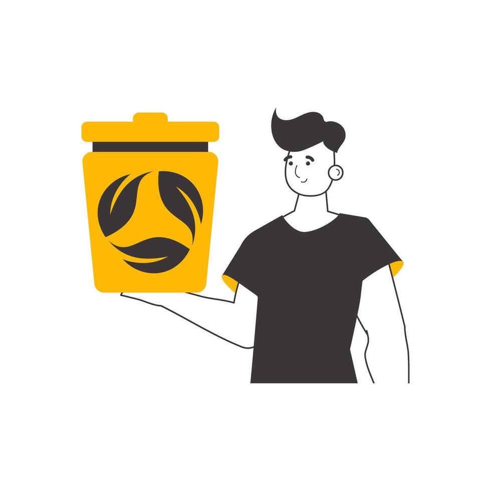 The guy is holding a trash can. Waste recycling concept. Linear modern style. Isolated on white background. Vector illustration.