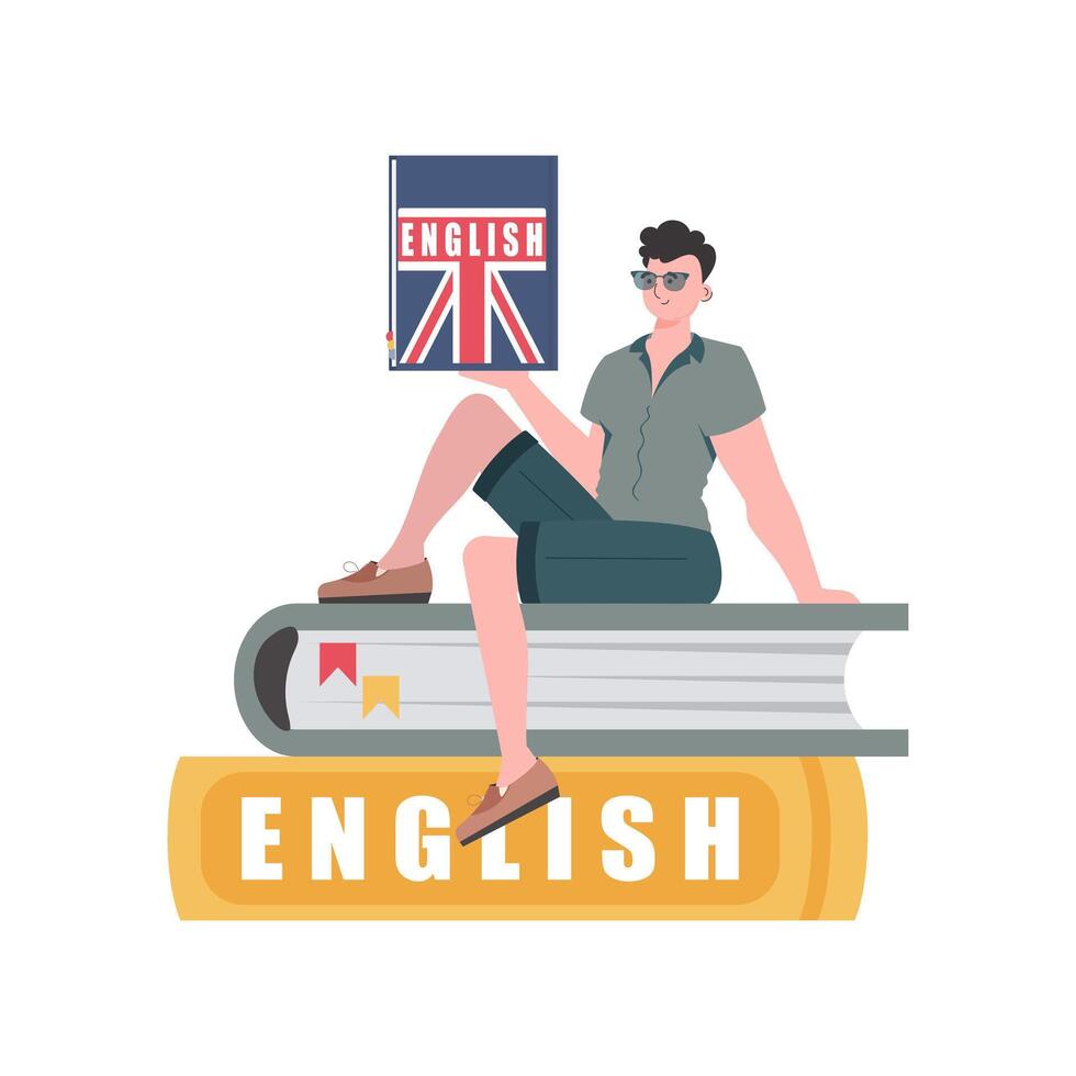 A man sits on books and holds an English dictionary in his hands. The concept of teaching English. Isolated. trendy style. illustration. vector