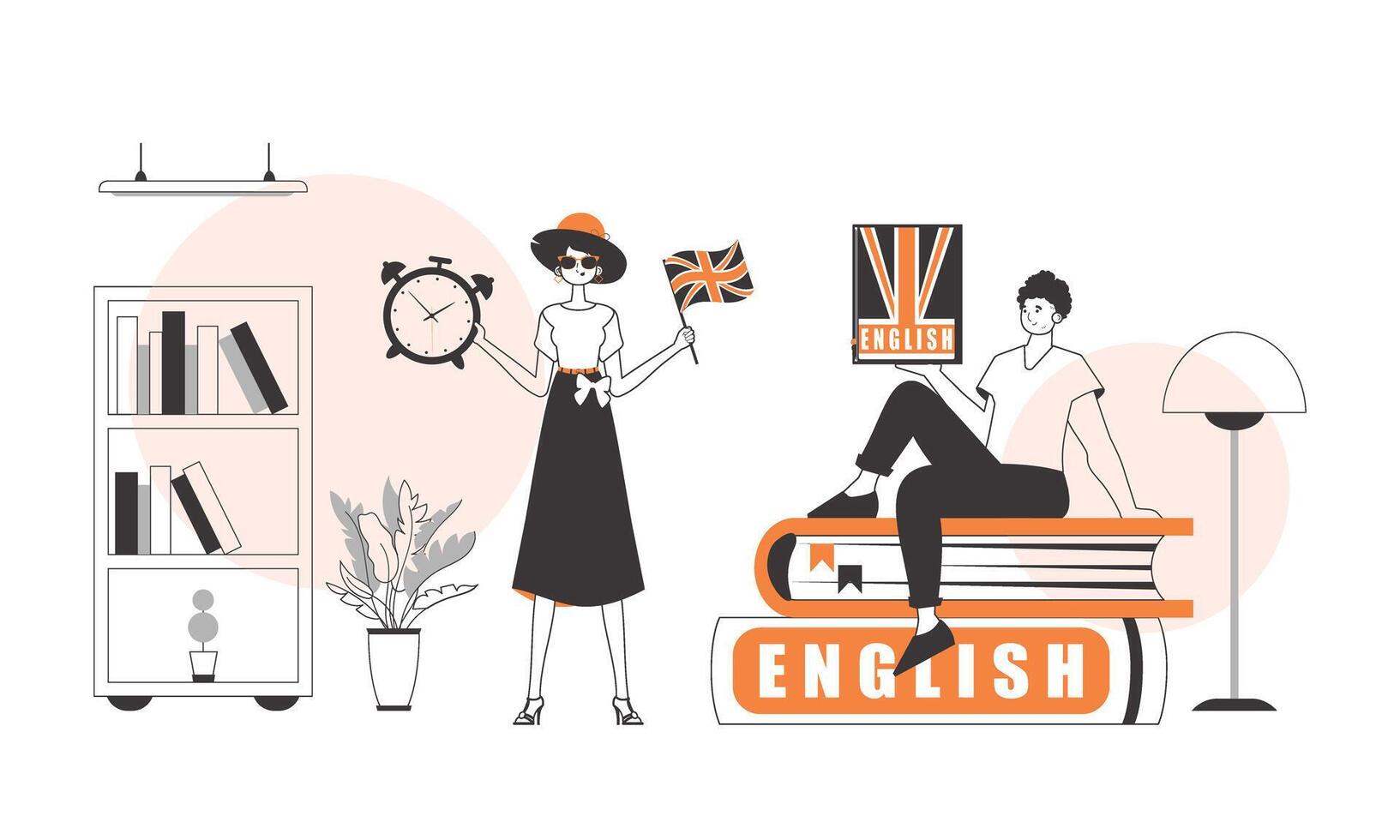 The guy and the girl helps teaches English. The concept of learning a foreign language. Lineart modern style. vector