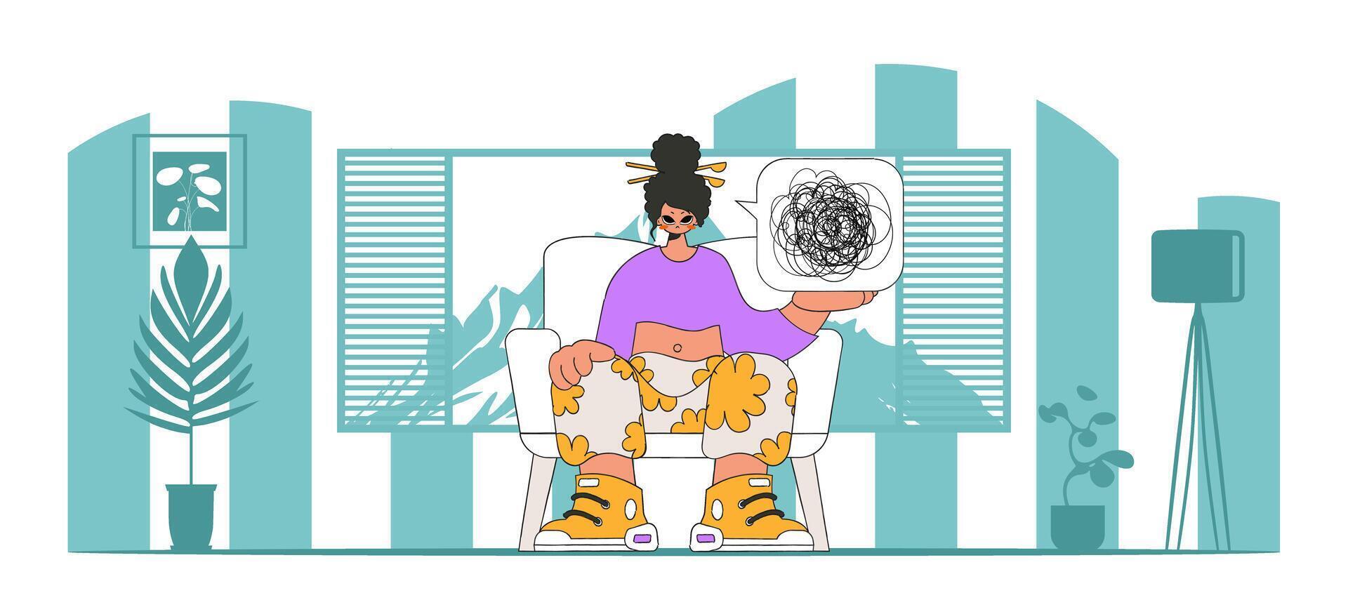 A person consumed by a sense of hopelessness and despair. The girl demonstrates that his head is a mess. vector