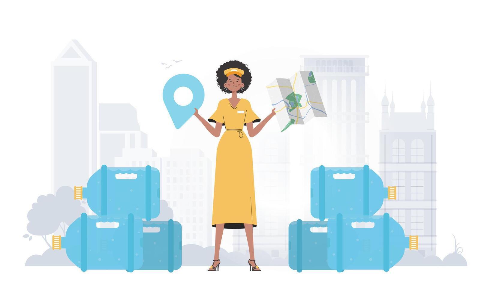 Girl water delivery operator holding a map. The trendy character is depicted in full growth. illustration. vector