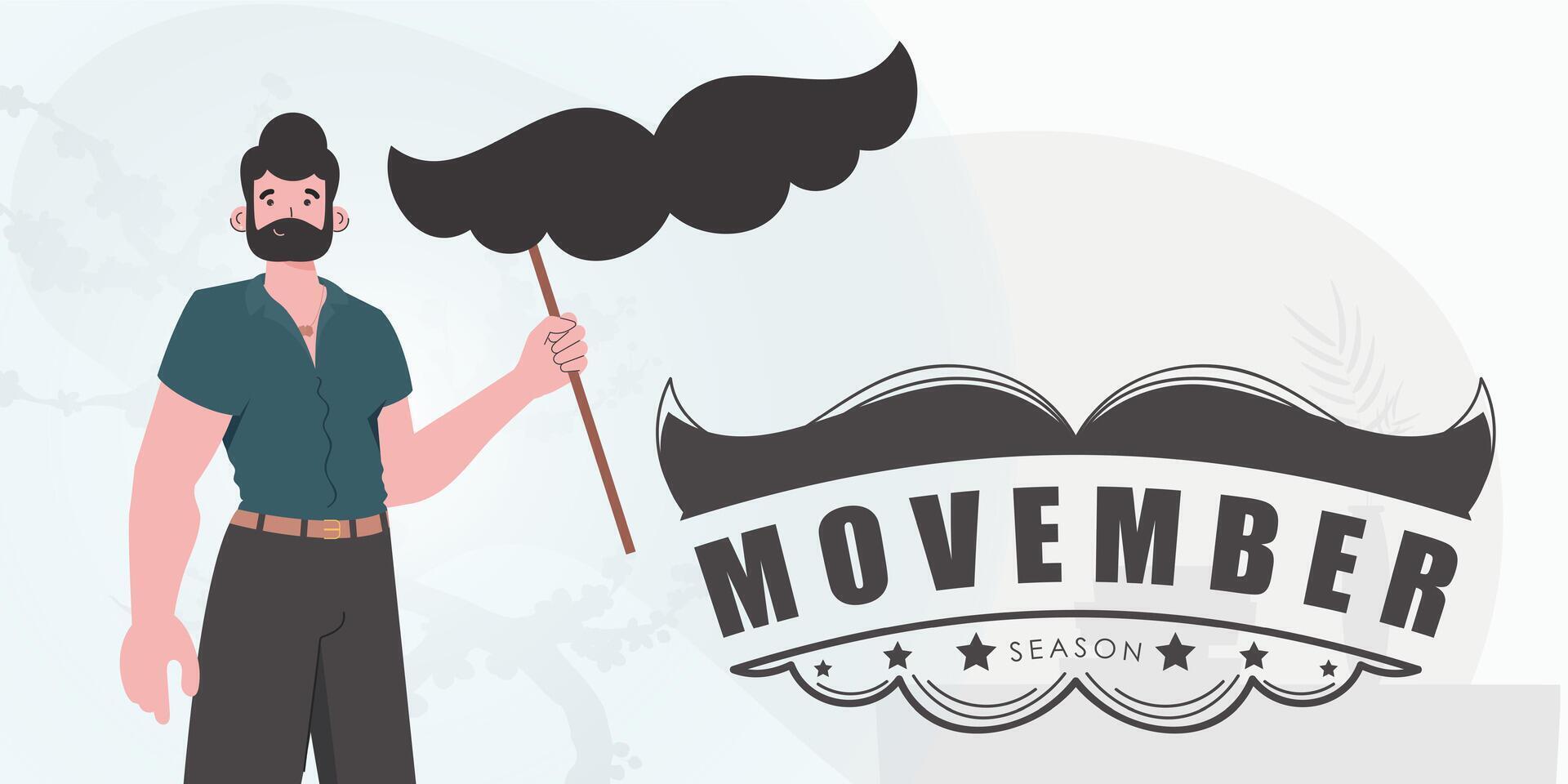 Movember poster. A man holds a mustache on a stick. trendy style. . vector