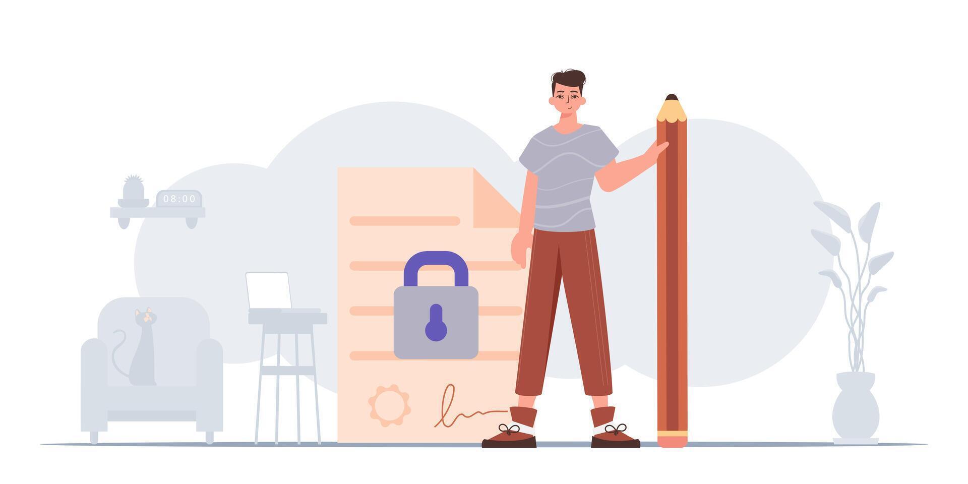 The concept of signing a smart contract. Data protection. The guy is standing near a large document and holding a pencil. vector