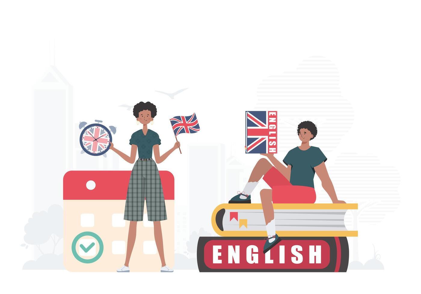 The concept of learning English. Woman and man English teachers. Trendy flat style. Vector illustration.