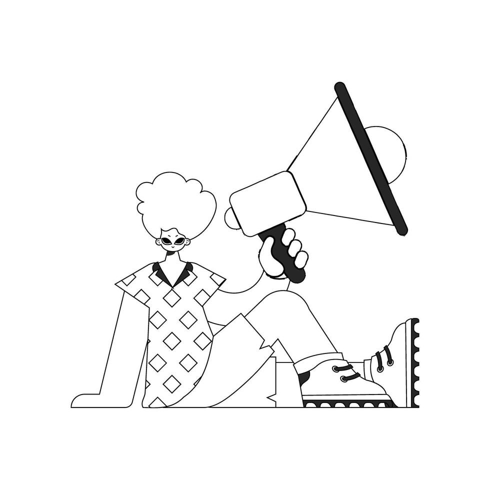 Expert HR specialist man holding a megaphone in his hands. HR topic. Linear black and white style. vector