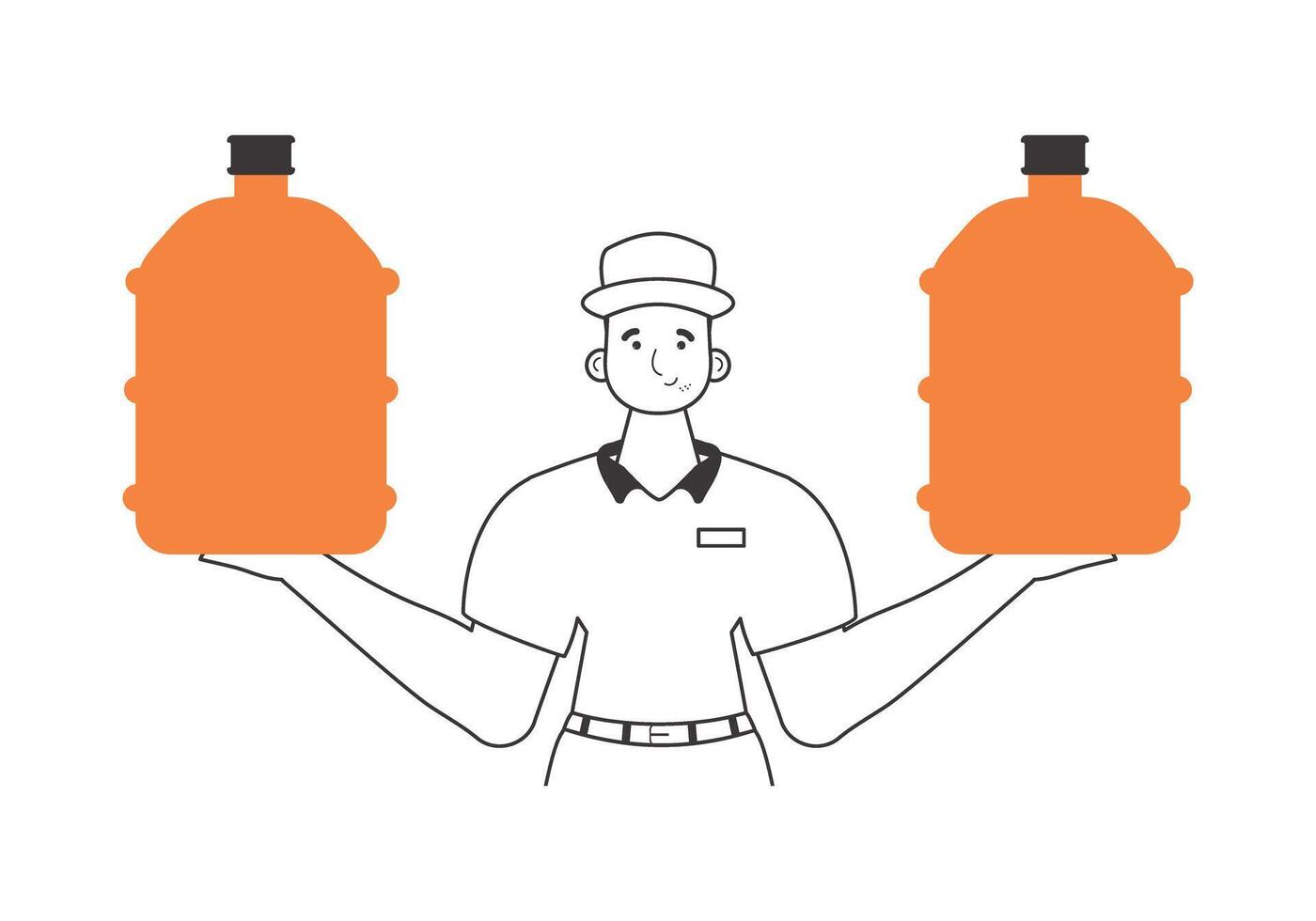 Water delivery concept. A man with a large bottle of water in his hands. Linear style. vector