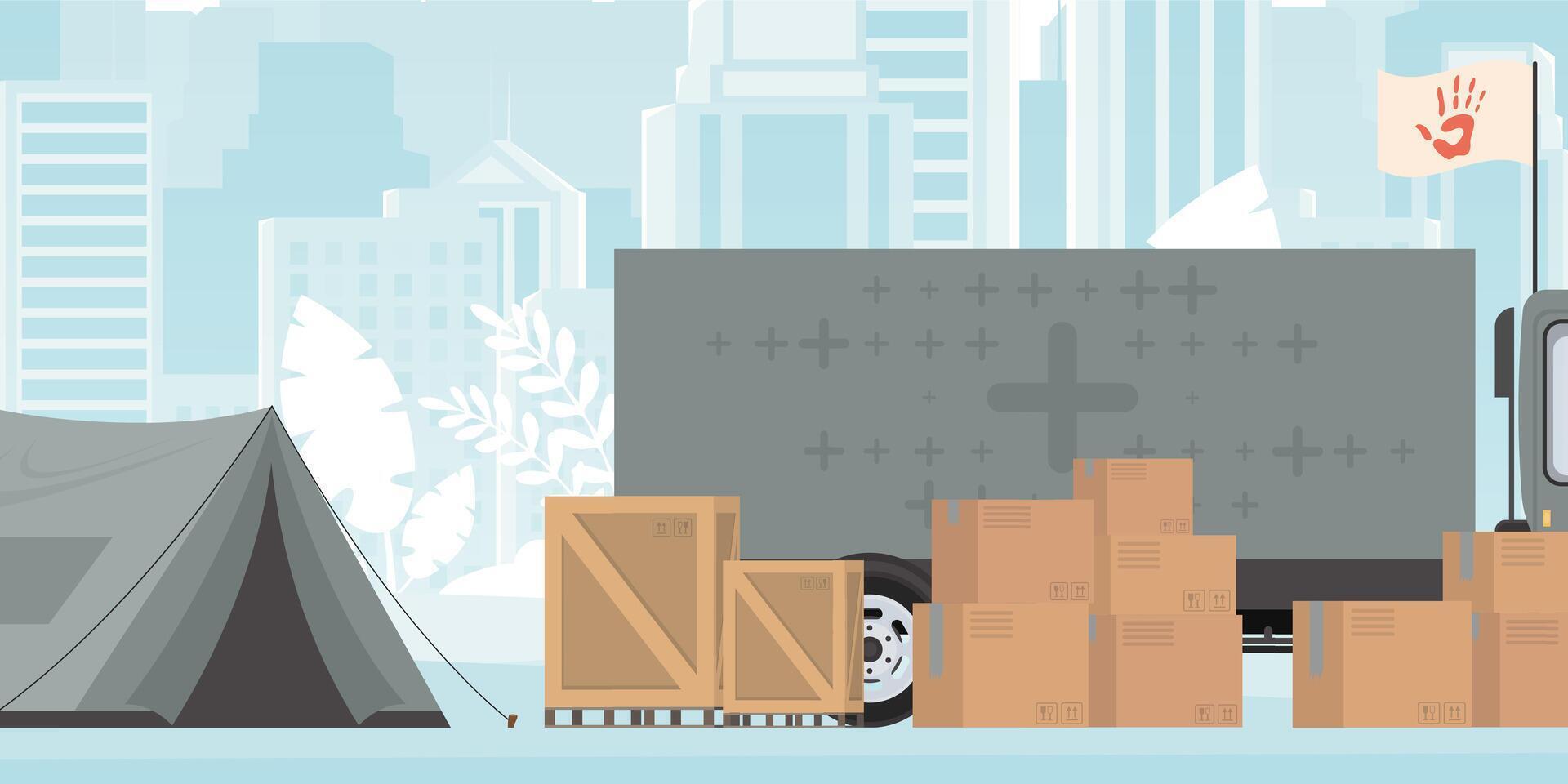 Camp for humanitarian aid. Tents, Boxes and pallets. trendy style. . vector