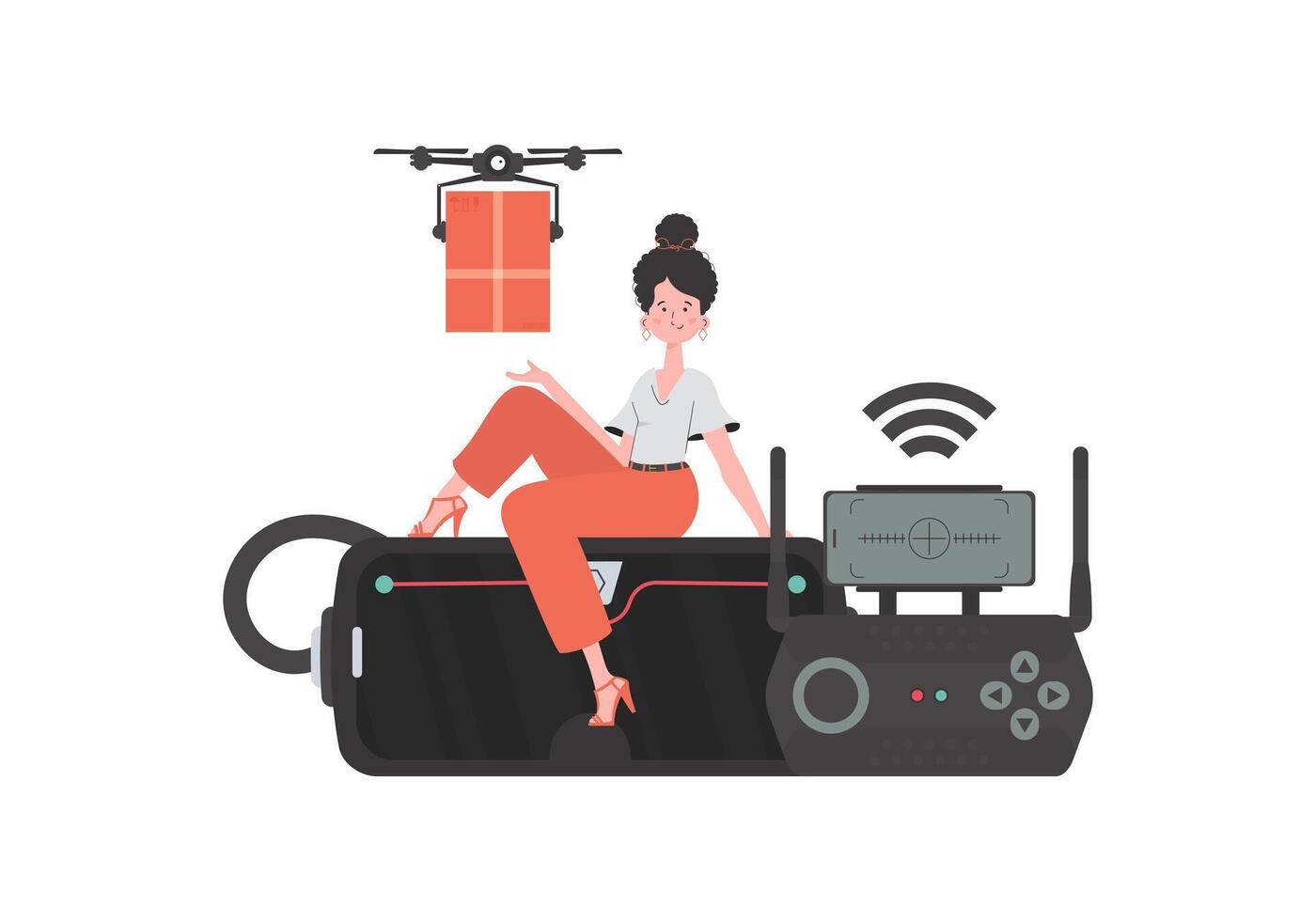 The concept of cargo delivery by air. A woman controls a quadcopter with a parcel. Isolated on white background. Flat modern design. . vector
