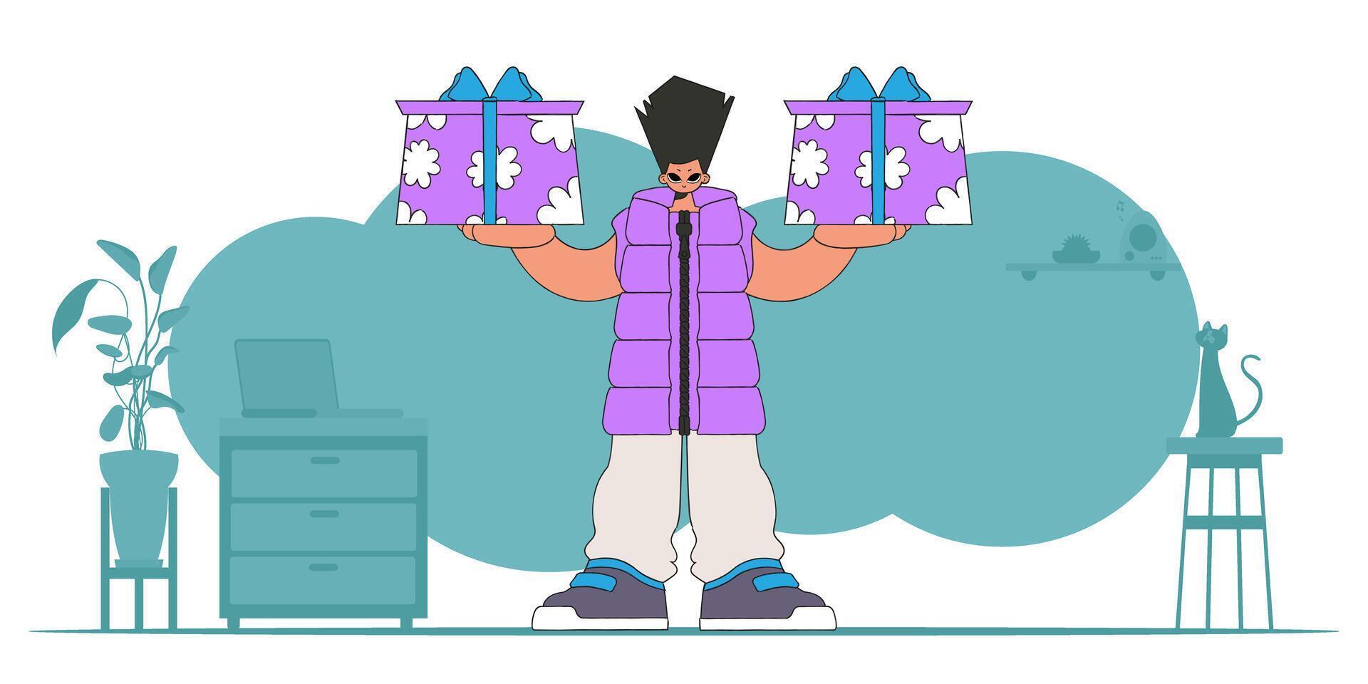 The concept of the holiday and gifts. The guy holds two gifts in his hands. Character in the style of the 80s and 90s. vector