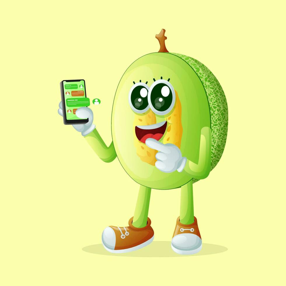 honeydew melon character holding a smartphone and texting vector