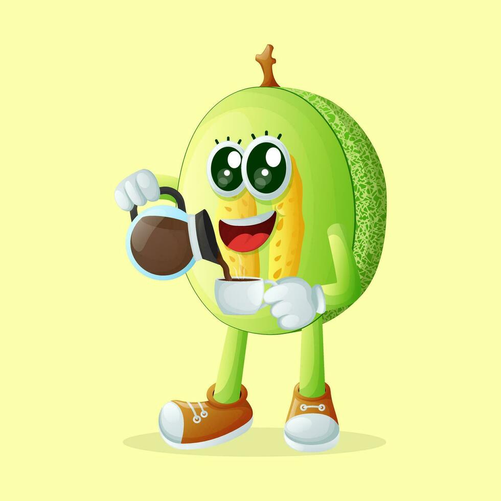 honeydew melon character pouring coffee vector