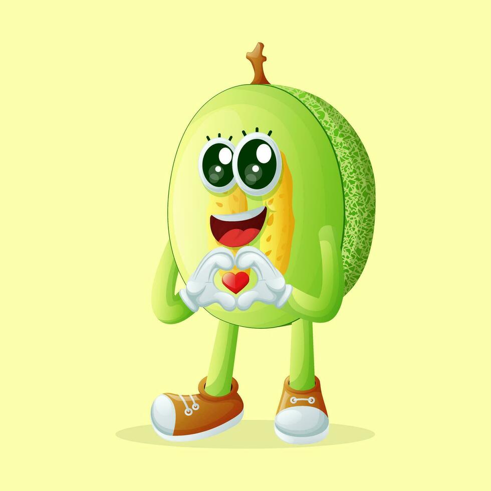 gotas de miel melón personaje haciendo un corazón forma con su manos vector