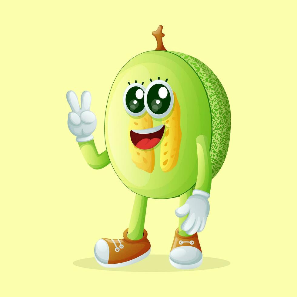 gotas de miel melón personaje haciendo un paz firmar vector