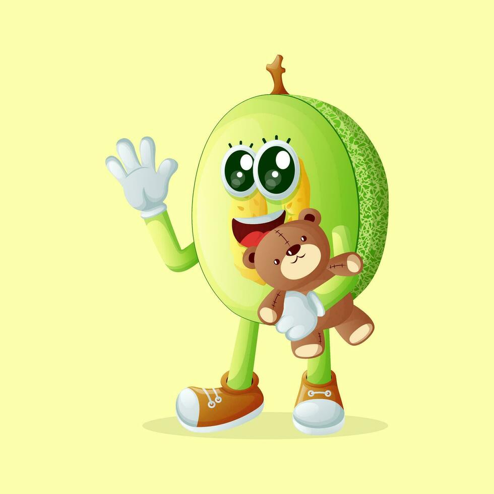 honeydew melon character playing with a teddy bear vector