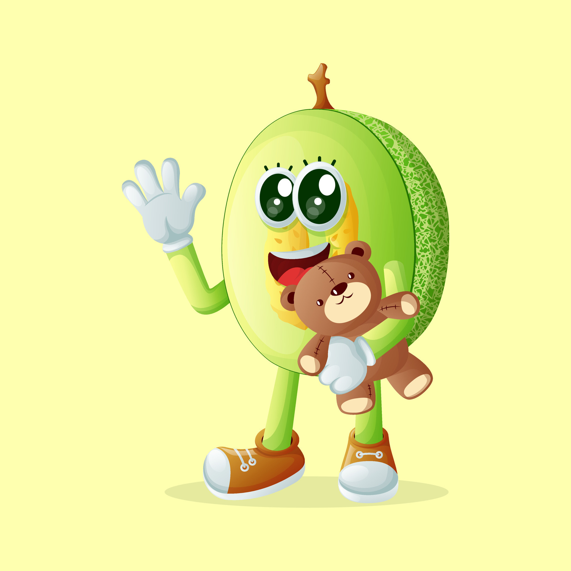 honeydew melon character playing with a teddy bear 28657575 Vector Art