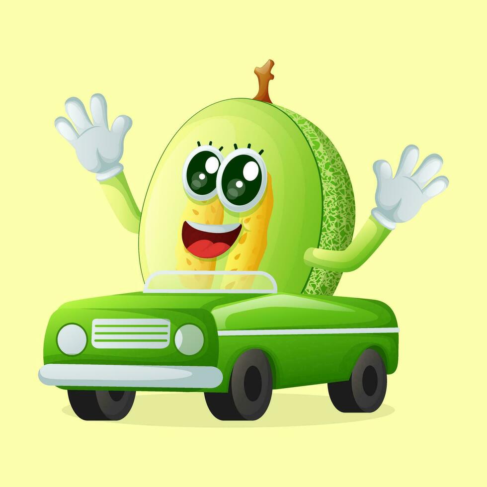 honeydew melon character playing with car toy vector