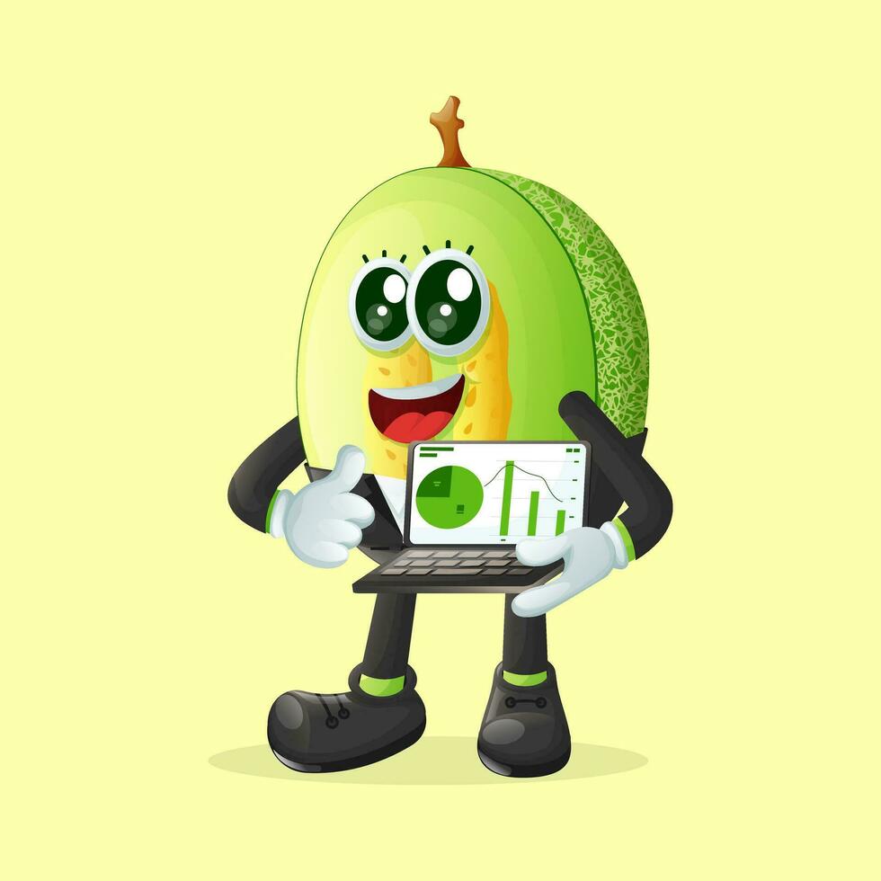 honeydew melon character holding a laptop with graphs vector