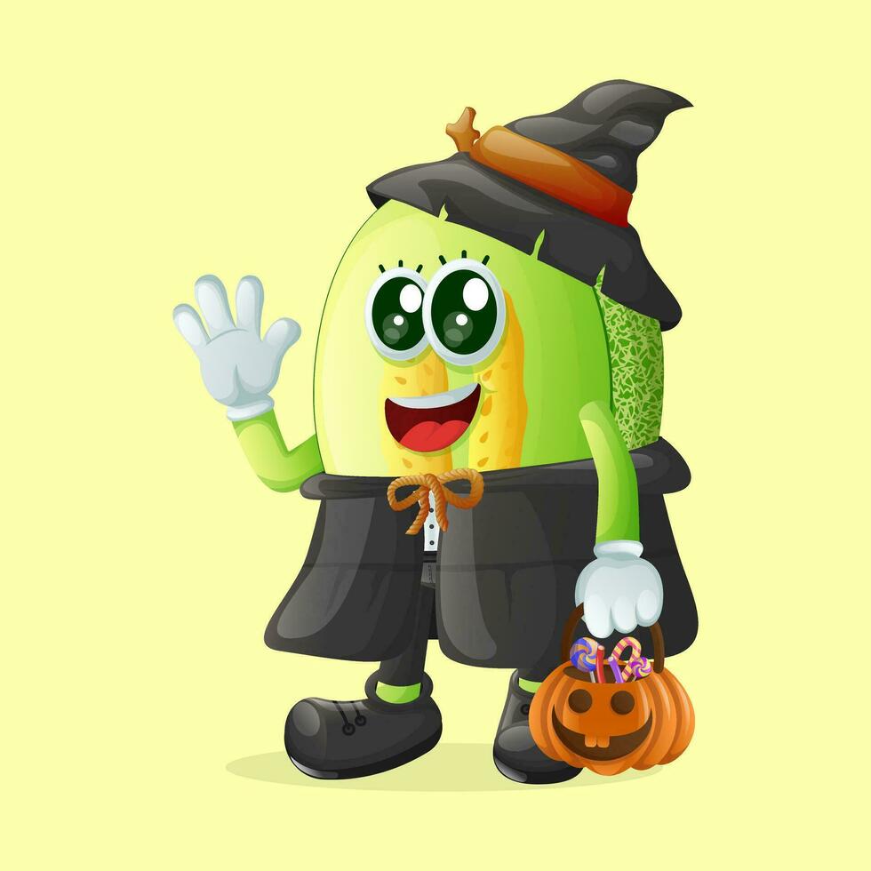 honeydew melon character dressed as a witch and holding a pumpkin vector