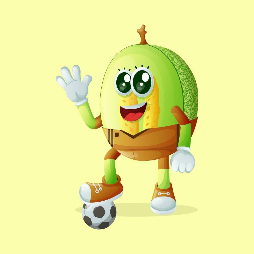 gotas de miel melón personaje pateando un fútbol pelota vector