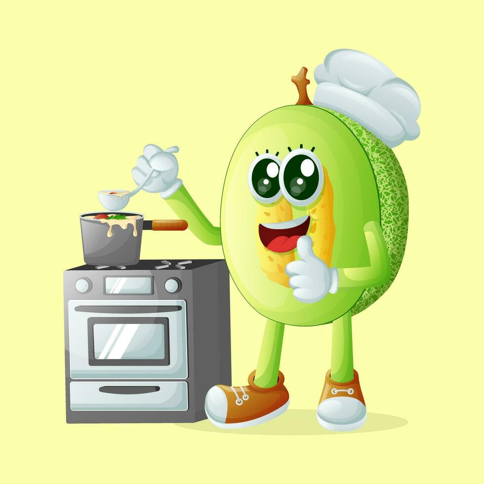 gotas de miel melón personaje Cocinando en un estufa vector