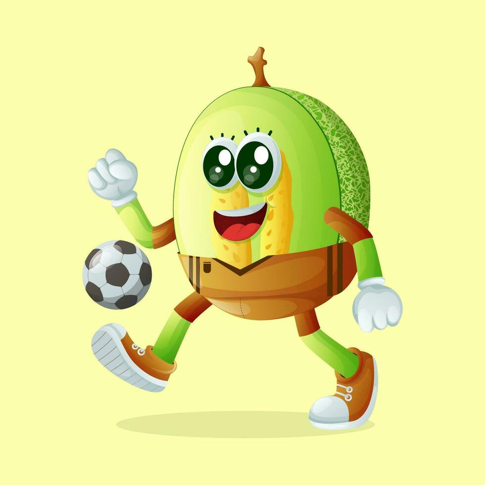 gotas de miel melón personaje pateando un fútbol pelota vector