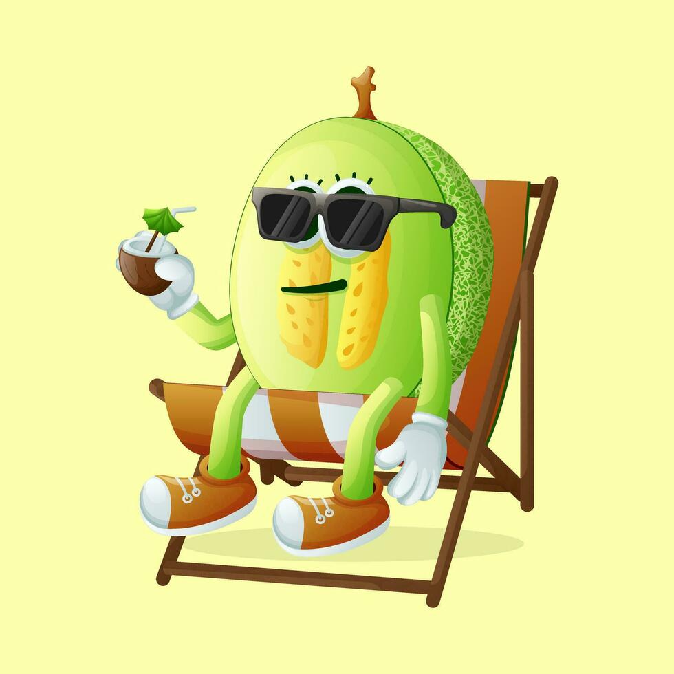 honeydew melon character relaxing on a beach chair vector