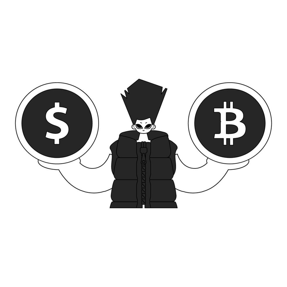 Unique man holding bitcoin and dollar coin. Newspaper black and white style. vector