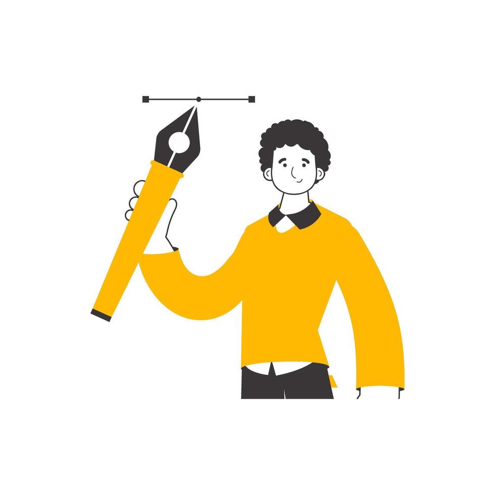 The designer guy holds a pen tool for 2D graphics in his hand. Linear trendy style. Isolated. . vector