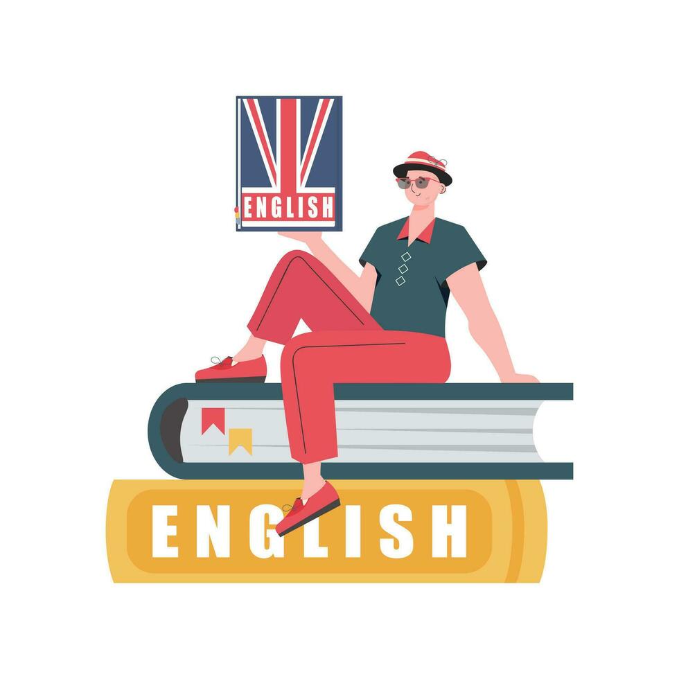 un hombre se sienta en libros y sostiene un Inglés diccionario en su manos. el concepto de aprendizaje inglés. aislado. de moda plano estilo. vector ilustración.
