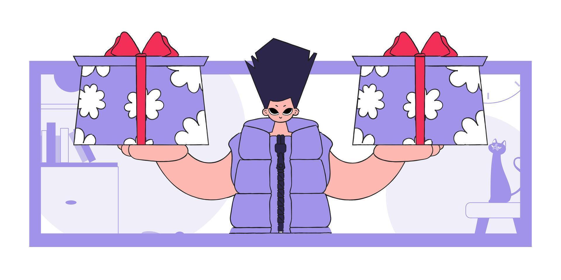 The concept of the holiday and gifts. A man holds two gifts in his hands. Bright character in the style of the 80s and 90s. vector